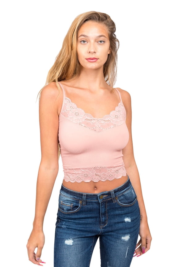 Women's V Neck Sleeveless Lace Rib Seamless Cami Tank Top T1392 - Pink - Large