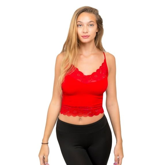 Women's V Neck Sleeveless Lace Rib Seamless Cami Tank Top T1392 - Red - Large