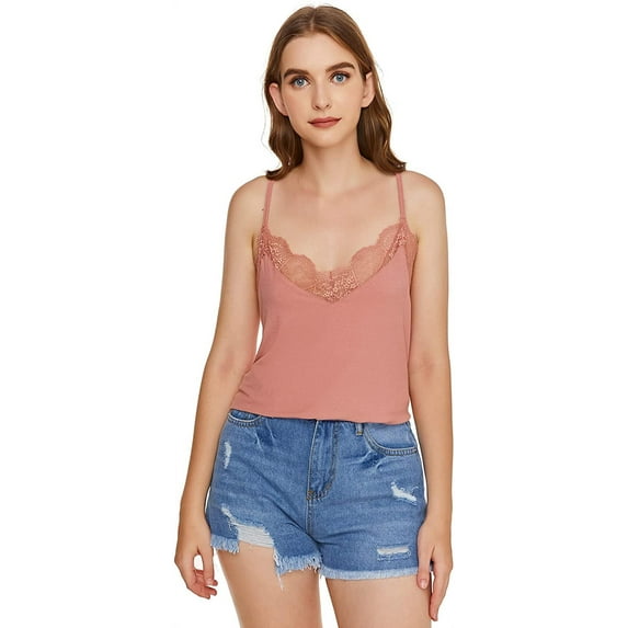 Women's V Neck Sleeveless Lace Trim Spaghetti Strap Slim Fit Camisole Cami Tank Top