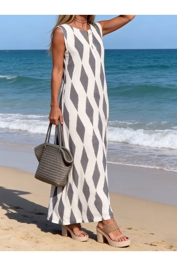 Women's V-Neck Sleeveless Maxi Dress,Geometric Rhombus Print Front Slit Gown,Fashion Date Vacation Outfit,Elegant Urban Commute Outfit for Women