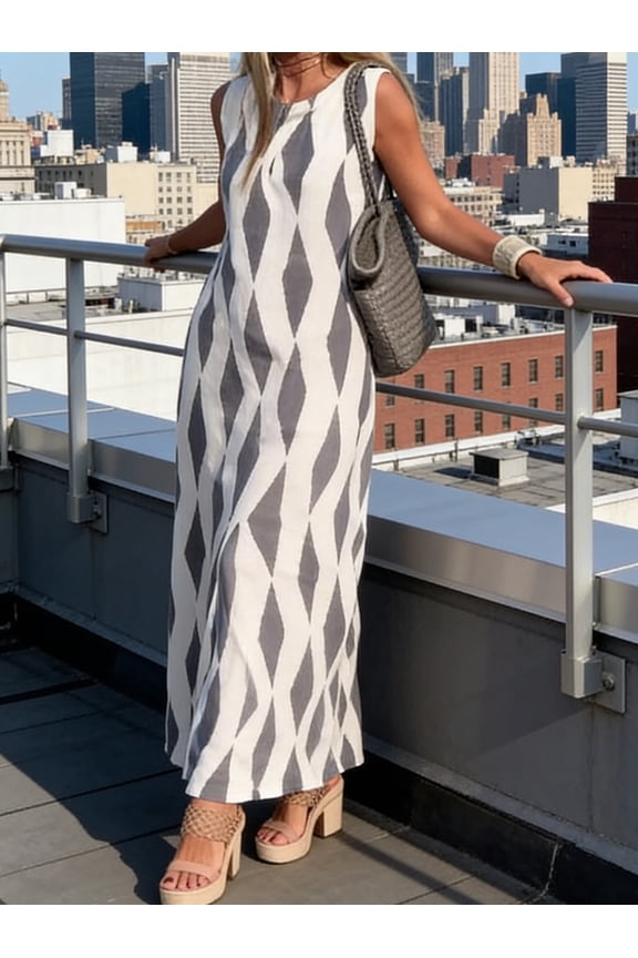Women's V-Neck Sleeveless Maxi Dress,Geometric Rhombus Print Front Slit Gown,Fashion Date Vacation Outfit,Elegant Urban Commute Outfit for Women