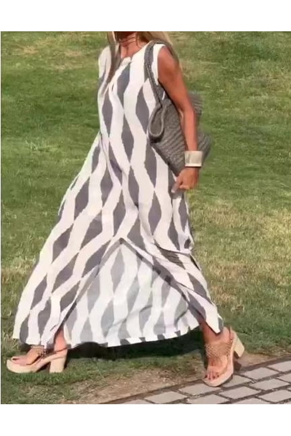 Women's V-Neck Sleeveless Maxi Dress,Geometric Rhombus Print Front Slit Gown,Fashion Date Vacation Outfit,Elegant Urban Commute Outfit for Women