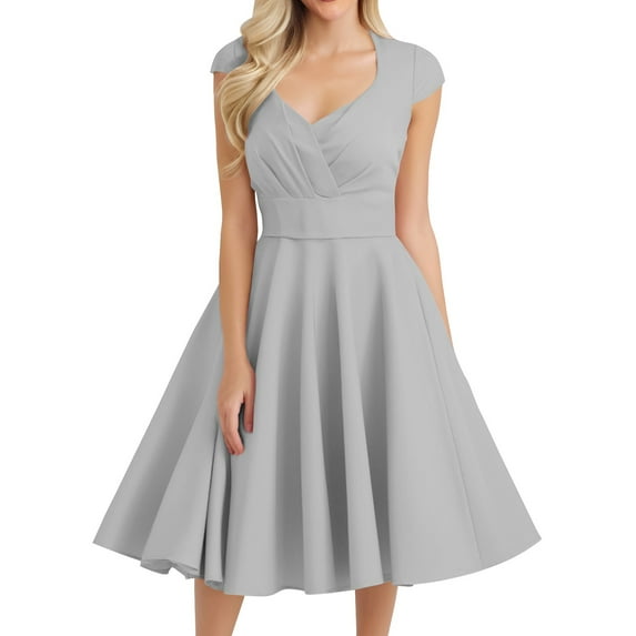 Women's V-Neck Sleeveless Midi Dress Solid Color Abstract Print Casual Summer Dress with Belted Waist for Office to Dinner,Light Gray S