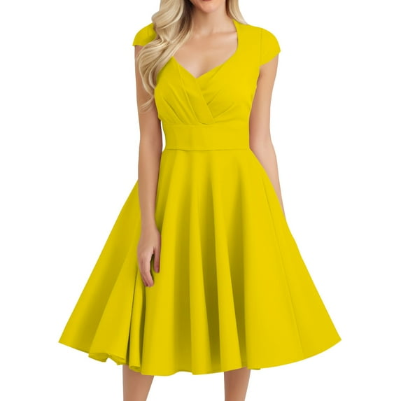 Women's V-Neck Sleeveless Midi Dress Solid Color Abstract Print Casual Summer Dress with Belted Waist for Office to Dinner,Yellow XL