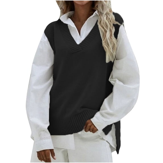 Women's V Neck Sleeveless Oversized Sweater Vest Casual Solid Color Pullover Cable Knit Tunic Sweaters Tank Tops Ladies Clothes