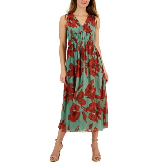 Women's V-Neck Sleeveless Shirred-Waist Midi Dress Loden Dusk Multi 4