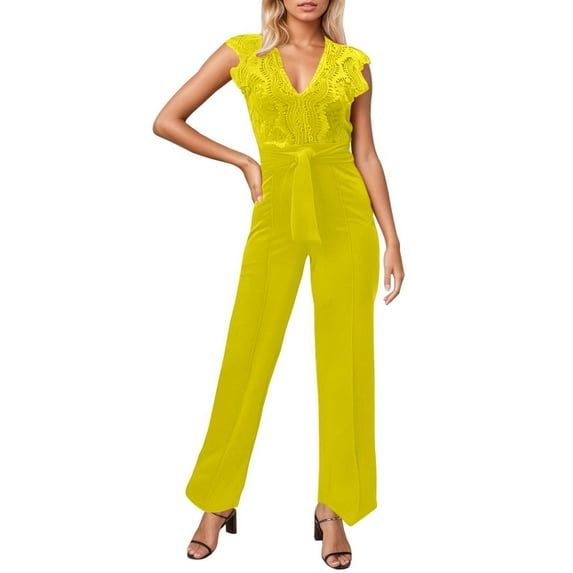 Women's V Neck Sleeveless Solid Jumpsuit With Belted Wide Leg Pants