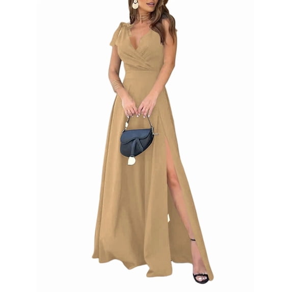 Women's V Neck Sleeveless Split Formal Prom Long Dresses Dress for Party Cocktail 109209 Khaki L
