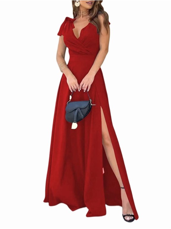 Women's V Neck Sleeveless Split Formal Prom Long Dresses Dress for Party Cocktail 109209 Red XL
