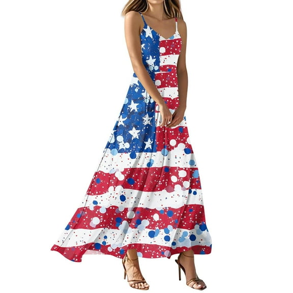 Women's V-Neck Sleeveless Summer Dress Casual Independence Day Print, Lightweight Beach Vacation Sundress for Daily Wear and Holiday Celebrations,Red S