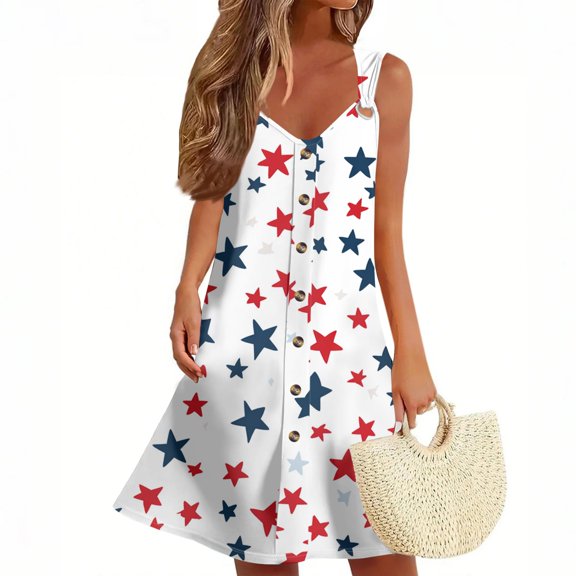 Women's V-Neck Sleeveless Sundress, Casual Summer Dress with Independence Day Print, Comfortable Fabric for Festivals and Parades,Light Blue L