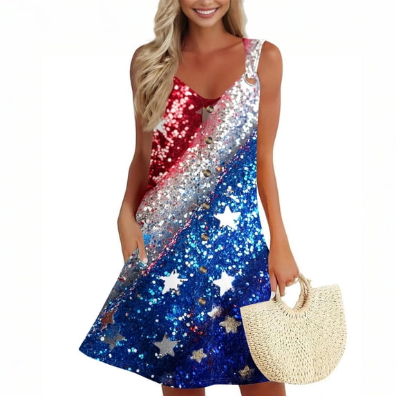 Women's V-Neck Sleeveless Sundress, Casual Summer Dress with Independence Day Print, Comfortable Fabric for Festivals and Parades,Sky Blue XL