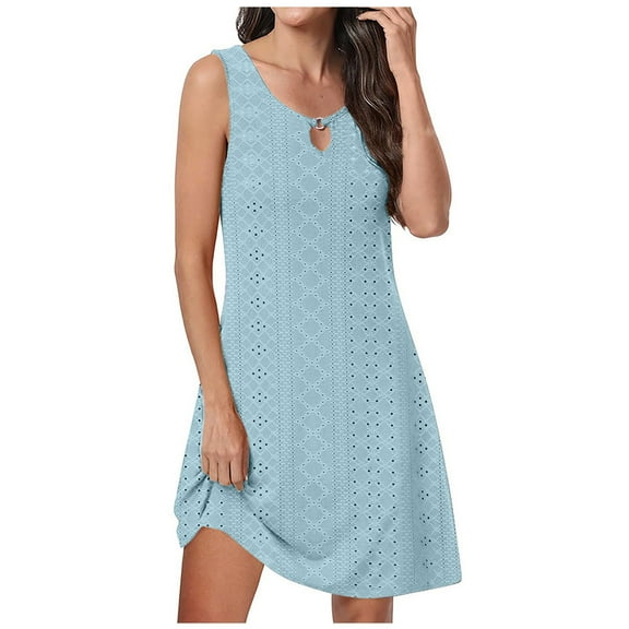 Women's V Neck Sleeveless Sundress Loose Fit Summer Dresses for Women Casual Sleeveless Solid Mini Tank Dresses Trendy Soft Knee Length Beach Sun Dress Plain/Eyelet/Breathable