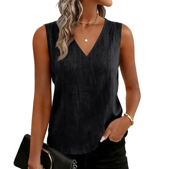 Women's V Neck Sleeveless Tank Top Cotton Linen Loose Fit Casual Summer Blouse Black XL