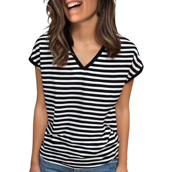 Women's V-Neck Sleeveless Tee - Breathable Striped Summer Top, Plus Size Loose Fit (XL-8XL, 10 Colors) | Yubnlvae (Black | XXL)