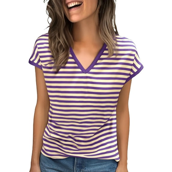 Women's V-Neck Sleeveless Tee - Breathable Striped Summer Top, Plus Size Loose Fit (XL-8XL, 10 Colors) | Yubnlvae (Purple | 5XL)