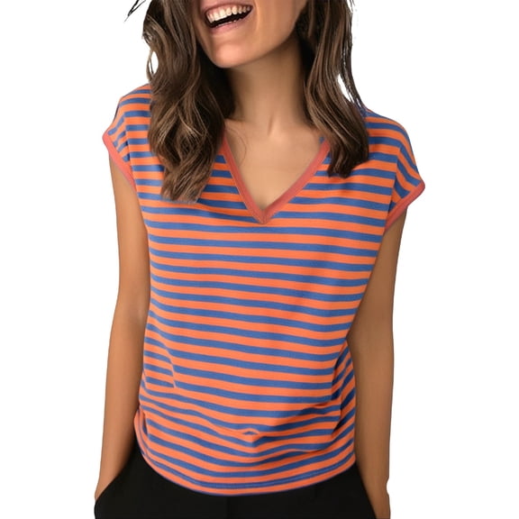 Women's V-Neck Sleeveless Tee - Breathable Striped Summer Top, Plus Size Loose Fit (XL-8XL, 10 Colors) | Yubnlvae (Red | 8XL)