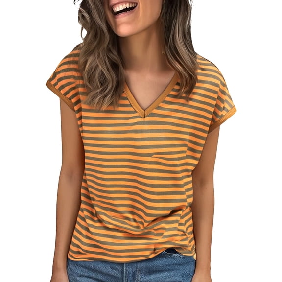 Women's V-Neck Sleeveless Tee - Breathable Striped Summer Top, Plus Size Loose Fit (XL-8XL, 10 Colors) | Yubnlvae (Yellow | XL)