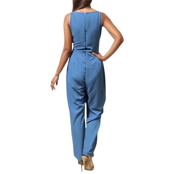 Women's V-Neck Sleeveless Wide Leg Jumpsuit - Adjustable Waist Romper for Summer Casual Wear