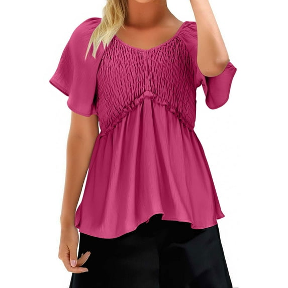 Women’s V Neck Smocked Peplum Top Ruffle Short Sleeve Babydoll Shirred Blouse Fashion Trendy Clothes Outfits 2025