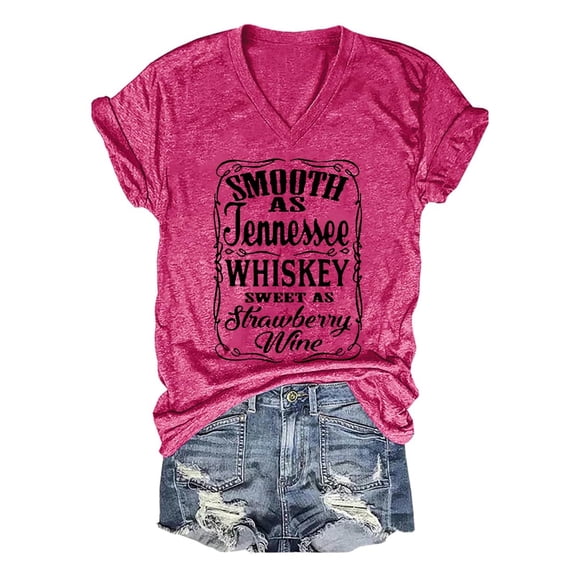 Women’s V Neck "Smooth As Tennessee Whiskey" Printed T-Shirt, Casual Short Sleeve Summer Top, Soft Breathable Blouse for Country Music Lovers, 4 Colors S-XXXL