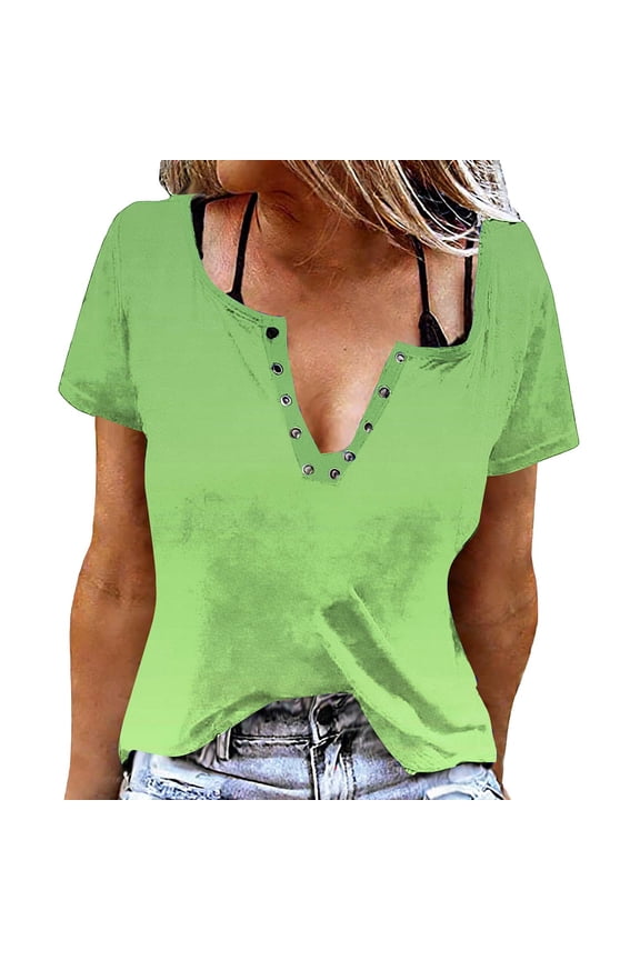 Women's V Neck Snap Button Shirts Short Sleeve Striped Floral Print Tunic Tops Lightweight Casual Loose Summer Blouses