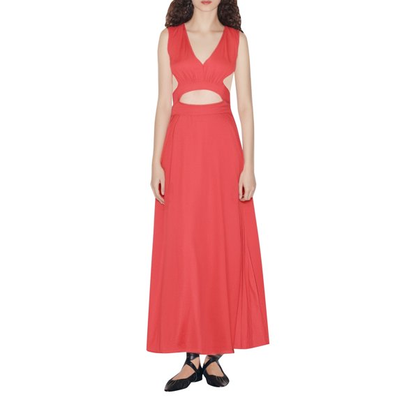 Women's V Neck Solid Color Cut Out Waist Bodycon Midi Dress Sexy Fit And Flare Party Dress For Evening Out And Events