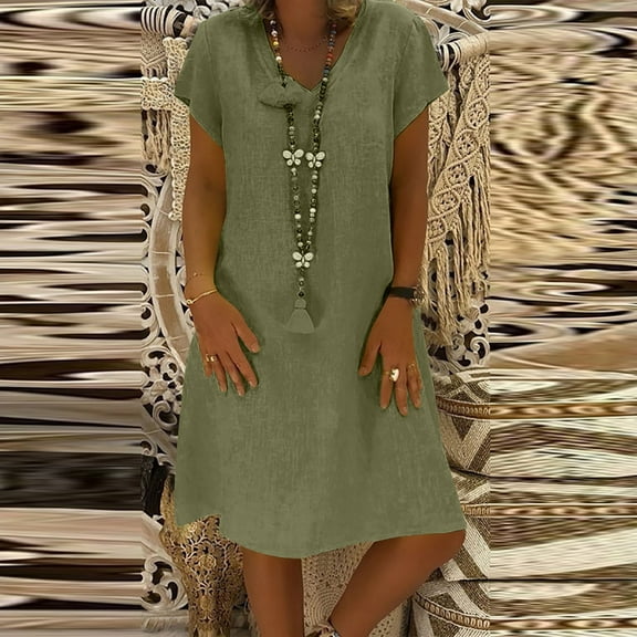 Women's V Neck Solid Color Linen Short Sleeve Midi Dress For Summer & Fall Summer Midi Dress Maxi Dress Petite Length Maxi Summer Dress for Women Floral Dress Summer Ruffle Dresses for Women Cut Loose