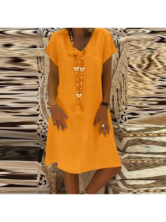 Women's V Neck Solid Color Linen Short Sleeve Midi Dress For Summer & Fall Summer Midi Dress Maxi Dress Petite Length Maxi Summer Dress for Women Floral Dress Summer Ruffle Dresses for Women Cut Loose