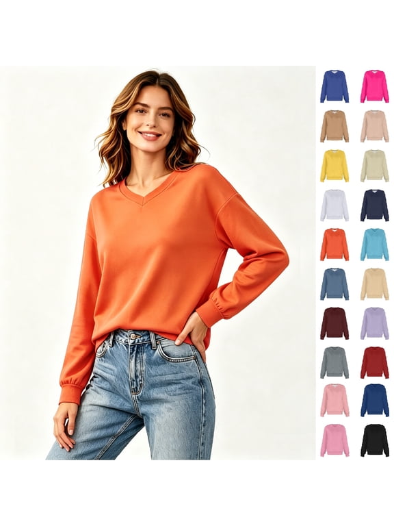 Women's V Neck Solid Color Long Sleeve Shirt, Drop Shoulder Loose Heavyweight Top,Orange,Women's Plus Size L