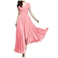 thumbnail image 1 of Women's V Neck Solid Color Short Sleeve Chiffon Waist Closing Evening Dress, 1 of 2