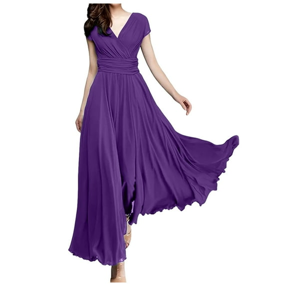 Women's V Neck Solid Color Short Sleeve Chiffon Waist Closing Evening Dress