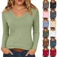 thumbnail image 1 of Women's V Neck Solid Slim Fit Long Sleeve T Shirt, Casual Cropped Basic Top,L,Women's Plus Size, 1 of 9