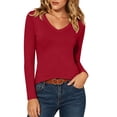 thumbnail image 1 of Women's V Neck Solid Slim Fit Long Sleeve T Shirt, Casual Cropped Basic Top,S,Women's Plus Size, 1 of 9