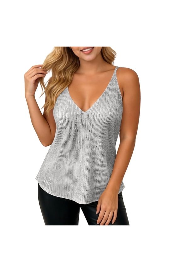 Women's V-Neck Spaghetti Strap Sequin Top, Ribbed Ruched Waist Sparkly Cami, Solid Party Tank Top for Cocktail Evening Club