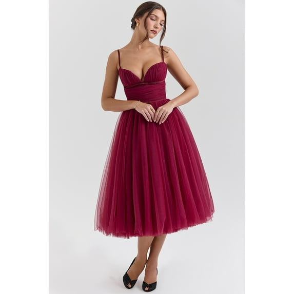 Women's V Neck Spaghetti Straps Tulle Prom Dress Tea Length Formal Party Evening Dress