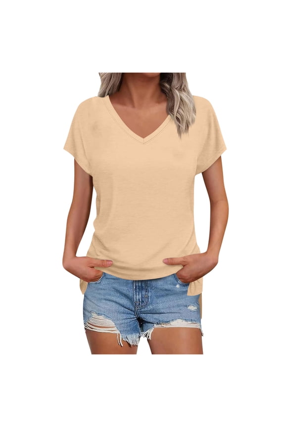 Women’s V-Neck Split Raglan Tee, Loose Fit Curved Hem Casual Multi-Color Top