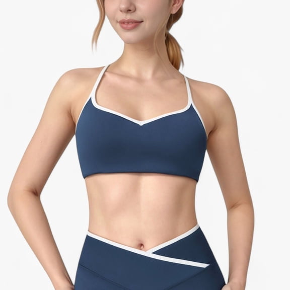 Women's V-Neck Sports Bra with Contrast Trim and Thin Adjustable Straps - Large, Navy