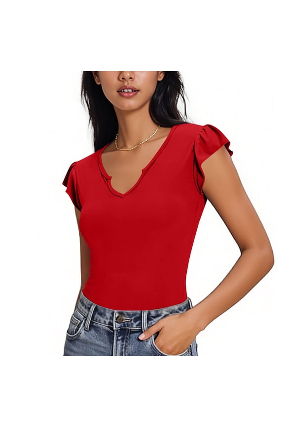 Women's V Neck Stretch Fitted Shirt Basic Short Sleeves Summer T Shirt Tops Cute Going Out Shirts Women's Solid Color Breathable Top