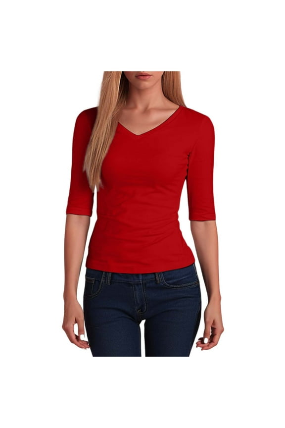 Women's V Neck Stretchy Tops Solid Basic Half Sleeve Slim Fitted T-Shirts Summer Dressy Casual Tee Shirts