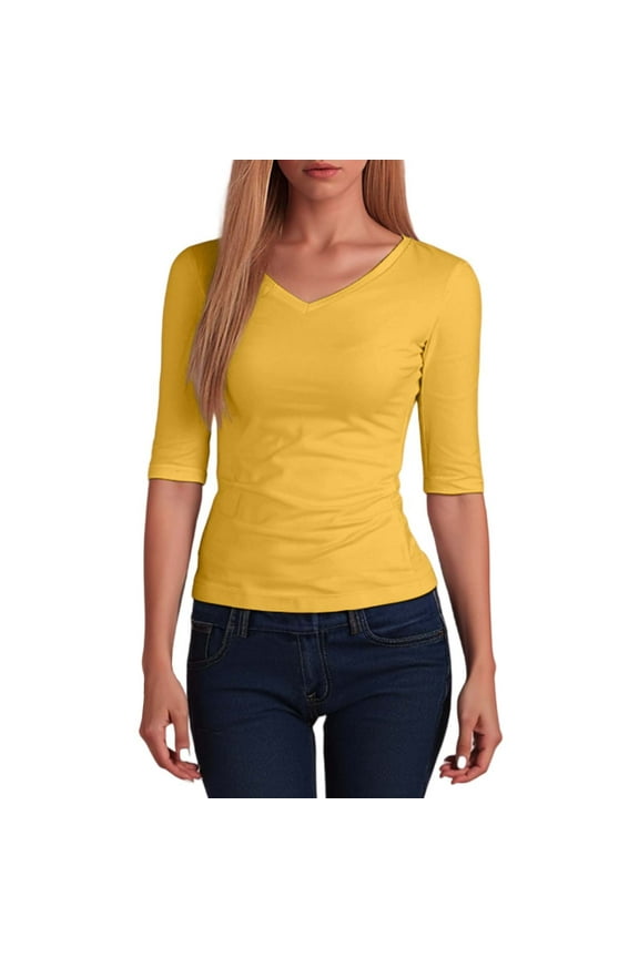 Women's V Neck Stretchy Tops Solid Basic Half Sleeve Slim Fitted T-Shirts Summer Dressy Casual Tee Shirts