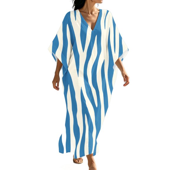 Women's V‑Neck Striped Print Maxi Dress 3/4 Sleeve Side Slit Boho Casual Loose Fit Long Dress Light Blue M(M)