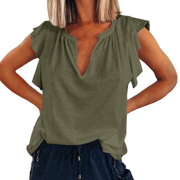 Women's V Neck Summer T Shirt Fashion Loose Fit Short Sleeve Ruffle Blouse Casual Comfortable Solid Top