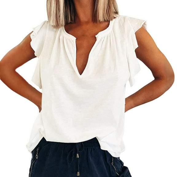 Women's V Neck Summer T Shirt Fashion Loose Fit Short Sleeve Ruffle Blouse Casual Comfortable Solid Top