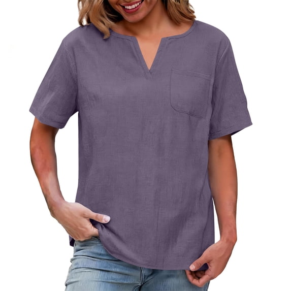 Women's V Neck Summer Tops Solid Color Casual Short Sleeve Linen Style Cotton Collared Casual Blouses Basic Loose Fit Dressy Tee Shirts Oversized Tops With Pocket