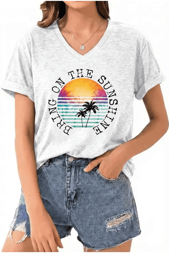 Women's V-Neck Sunshine Palm womens graphic t shirts(V5-White,L)