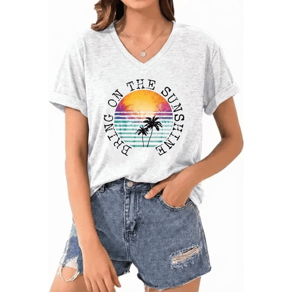 Women's V-Neck Sunshine Palm womens graphic t shirts(V5-White,L)
