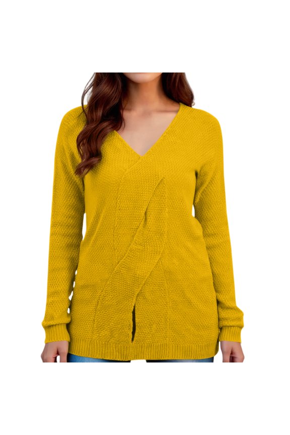 Women's V-Neck Sweater Cross Front Long Sleeve Loose Fit Knitwear for Fall (Yellow, S)