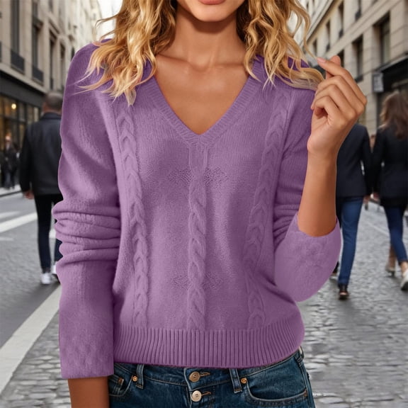 Women's V Neck Sweater, Fluffy Soft Velvet Touch Pullover, Embossed Design Knit Top, Long Sleeve Casual Pullover, Solid Color Fall Winter Top, Everyday Wear Sweater Purple XXL