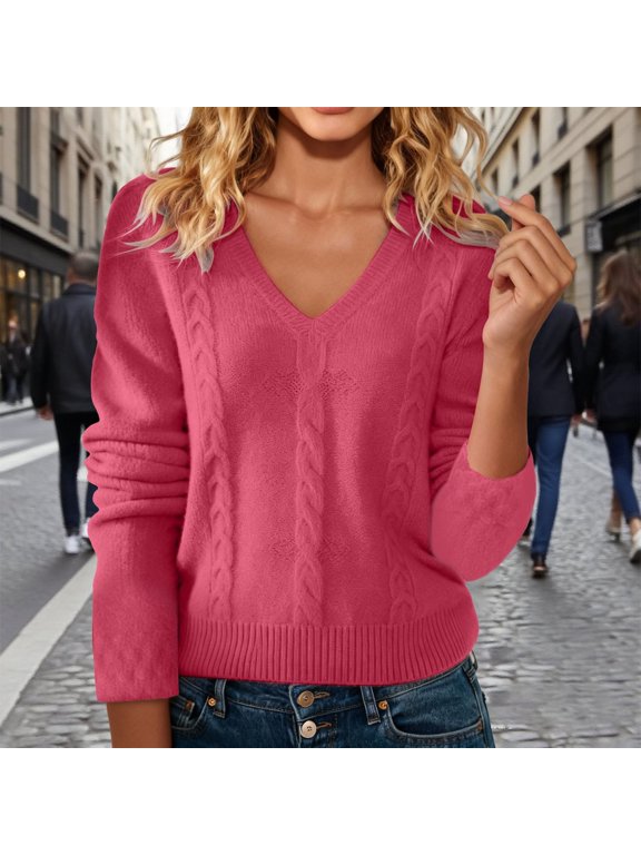 Women's V Neck Sweater, Fluffy Soft Velvet Touch Pullover, Embossed Design Knit Top, Long Sleeve Casual Pullover, Solid Color Fall Winter Top, Everyday Wear Sweater Red L